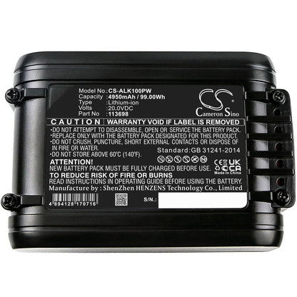 20.0V, 4950mAh, Li-ion Battery fits Al-ko, Easy Flex 34.8 Li Lawnmower, Easy Flex Csa 2020, 99Wh