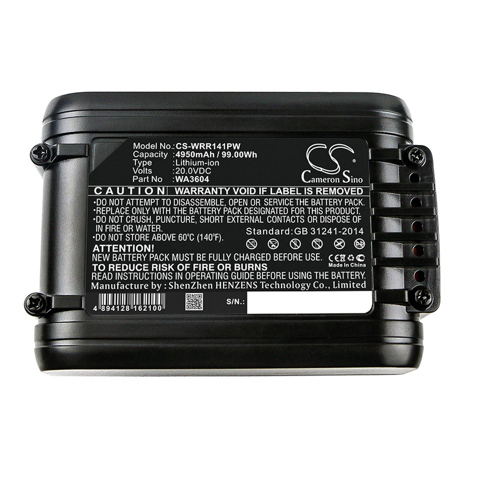 20.0V, 4950mAh, Li-ion Battery fits Worx, Landroid L1500, Landroid M1000, 99Wh