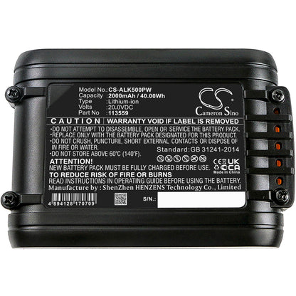 20.0V, 2000mAh, Li-ion Battery fits Al-ko, Easy Flex 34.8 Li Lawnmower, Easy Flex Csa 2020, 40Wh