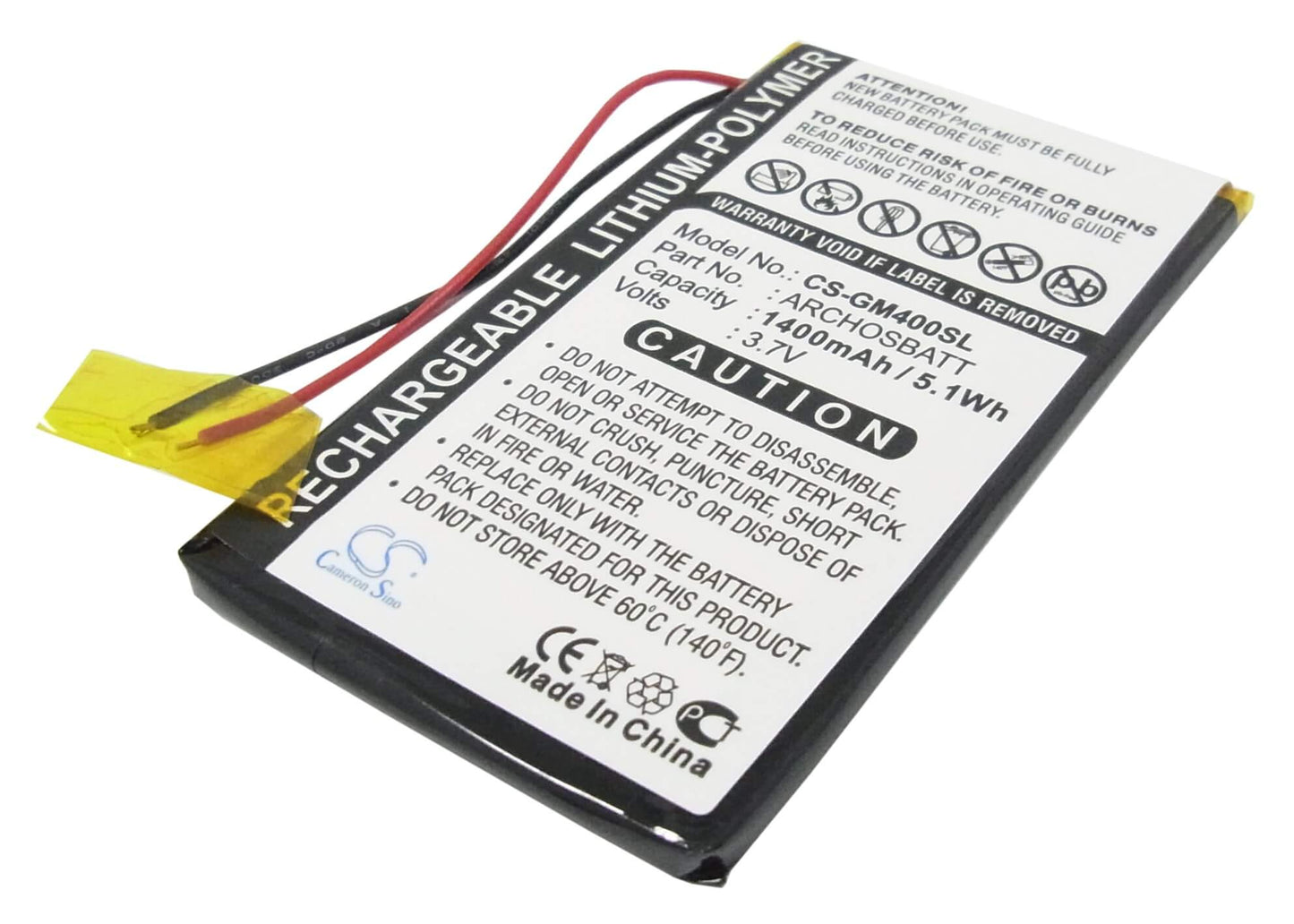 3.7V, 1400mAh, Li-Polymer Battery fits Archos, Av402e, Gmini 400, 5.18Wh