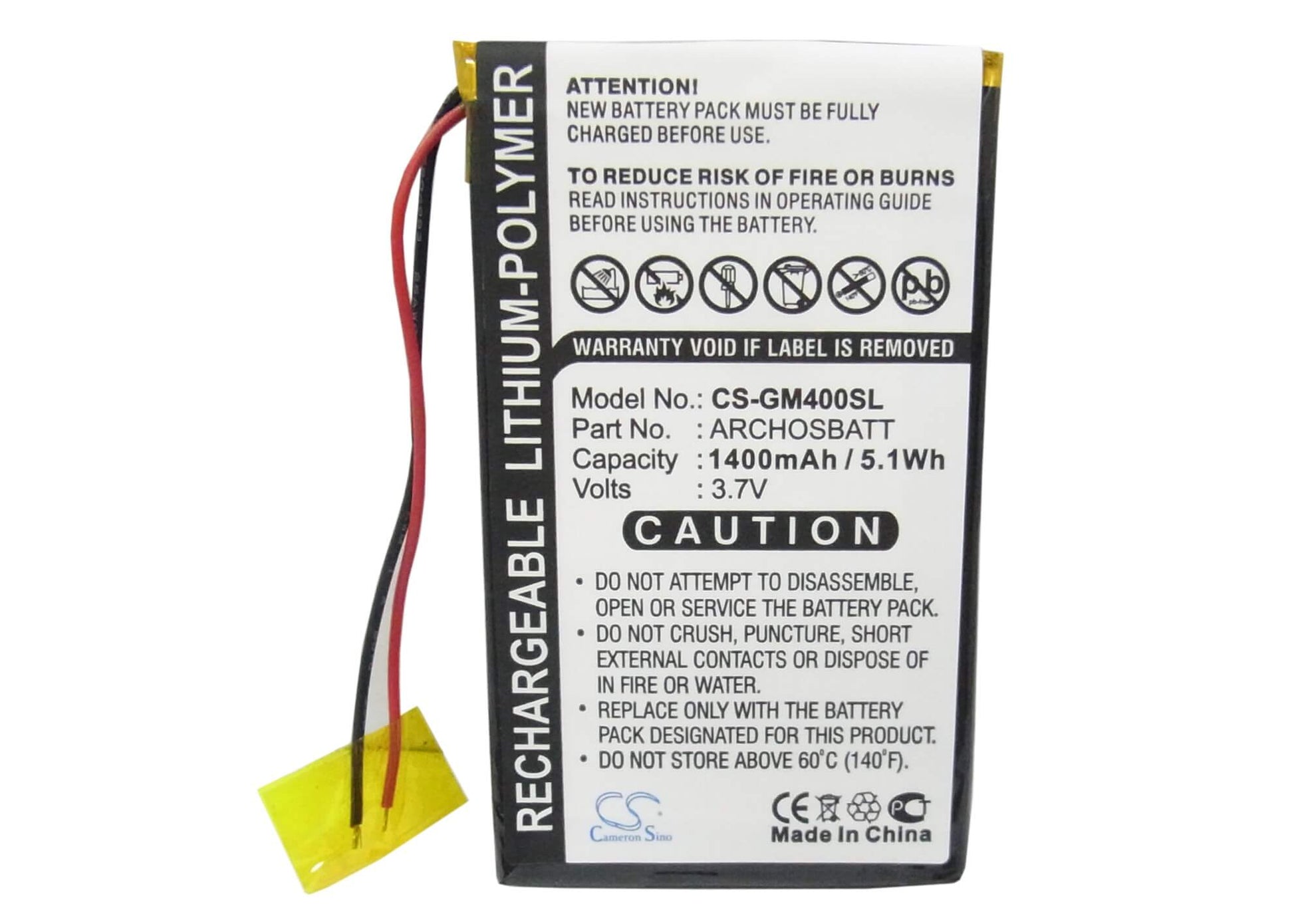 3.7V, 1400mAh, Li-Polymer Battery fits Archos, Av402e, Gmini 400, 5.18Wh