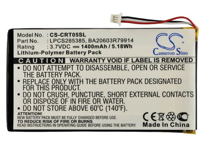 3.7V, 1400mAh, Li-Polymer Battery fits Creative, Dvp-hd0003, Zen Vision M (60gb), 5.18Wh