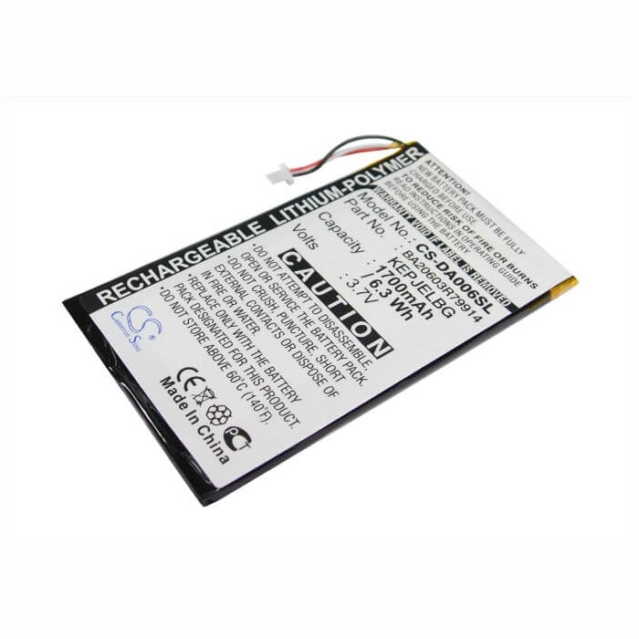 3.7V, 1700mAh, Li-Polymer Battery fits Creative, Zen Vision M, Zen Vision M Video, 6.29Wh