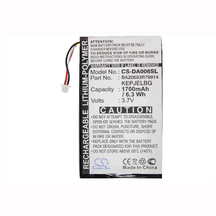 3.7V, 1700mAh, Li-Polymer Battery fits Creative, Zen Vision M, Zen Vision M Video, 6.29Wh