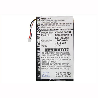 3.7V, 1700mAh, Li-Polymer Battery fits Creative, Zen Vision M, Zen Vision M Video, 6.29Wh