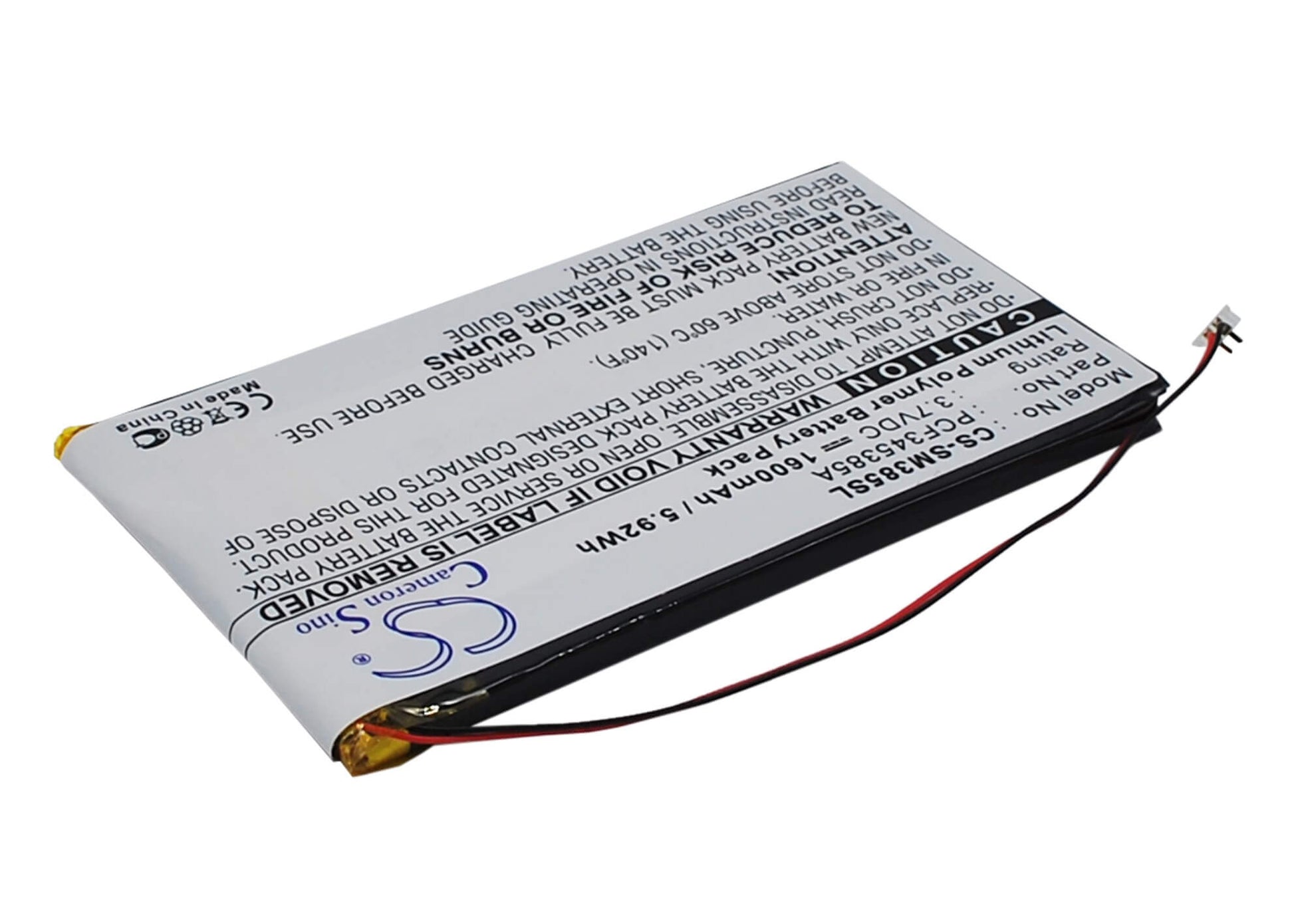 3.7V, 1600mAh, Li-Polymer Battery fits Samsung, Napster Mp3 Player, Pmpsgy910, 5.92Wh