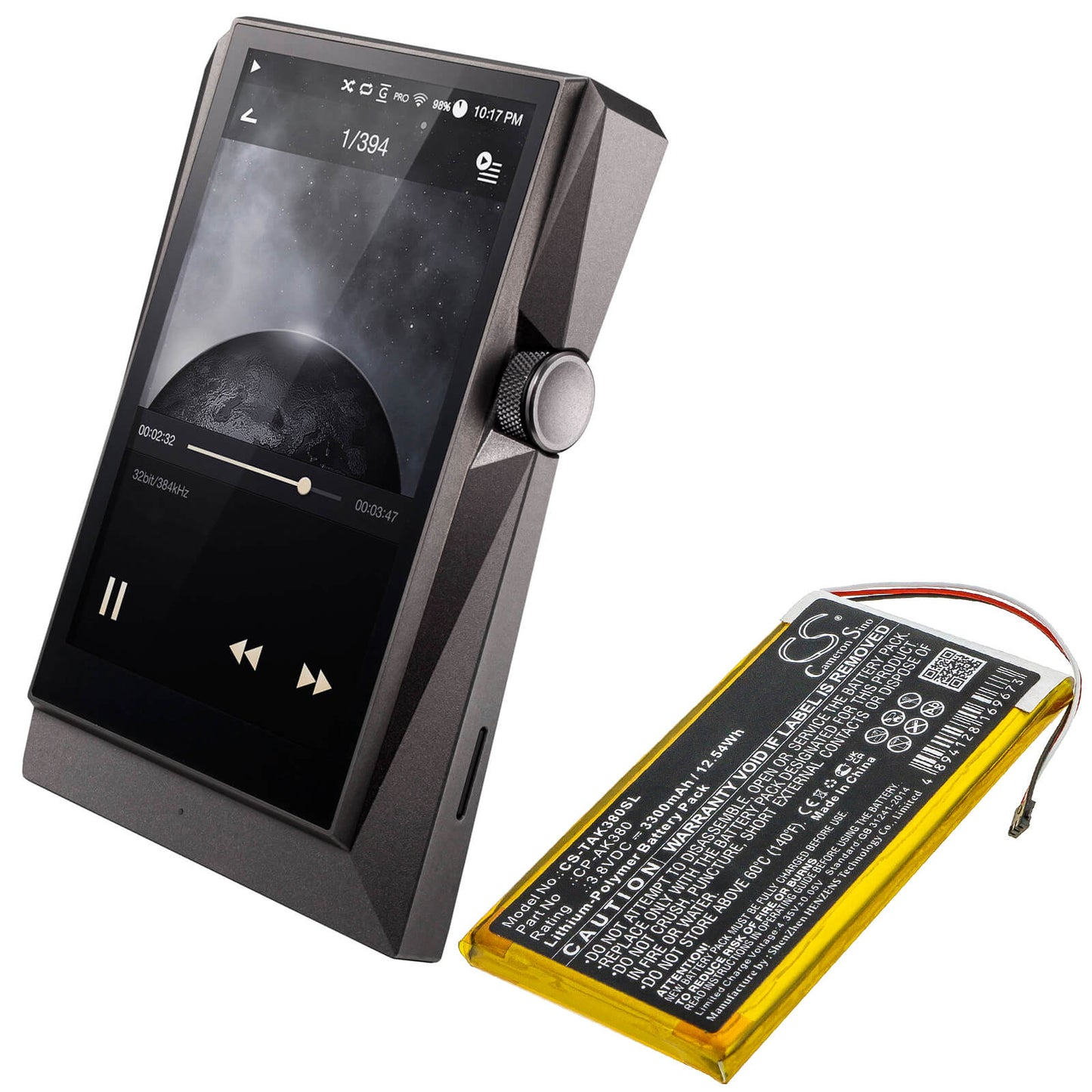 3.8V, 3300mAh, Li-Polymer Battery fits Astell & Kern, Ak300, Ak380, 12.54Wh