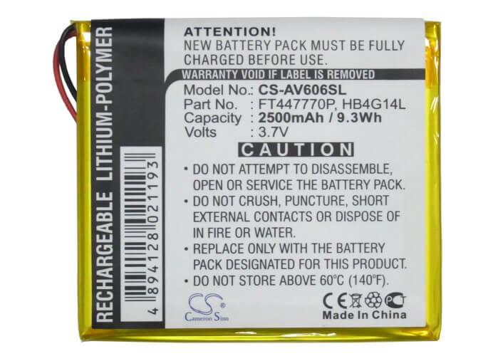 3.7V, 2500mAh, Li-Polymer Battery fits Archos, Av605 120gb, Av605 160gb, 9.25Wh
