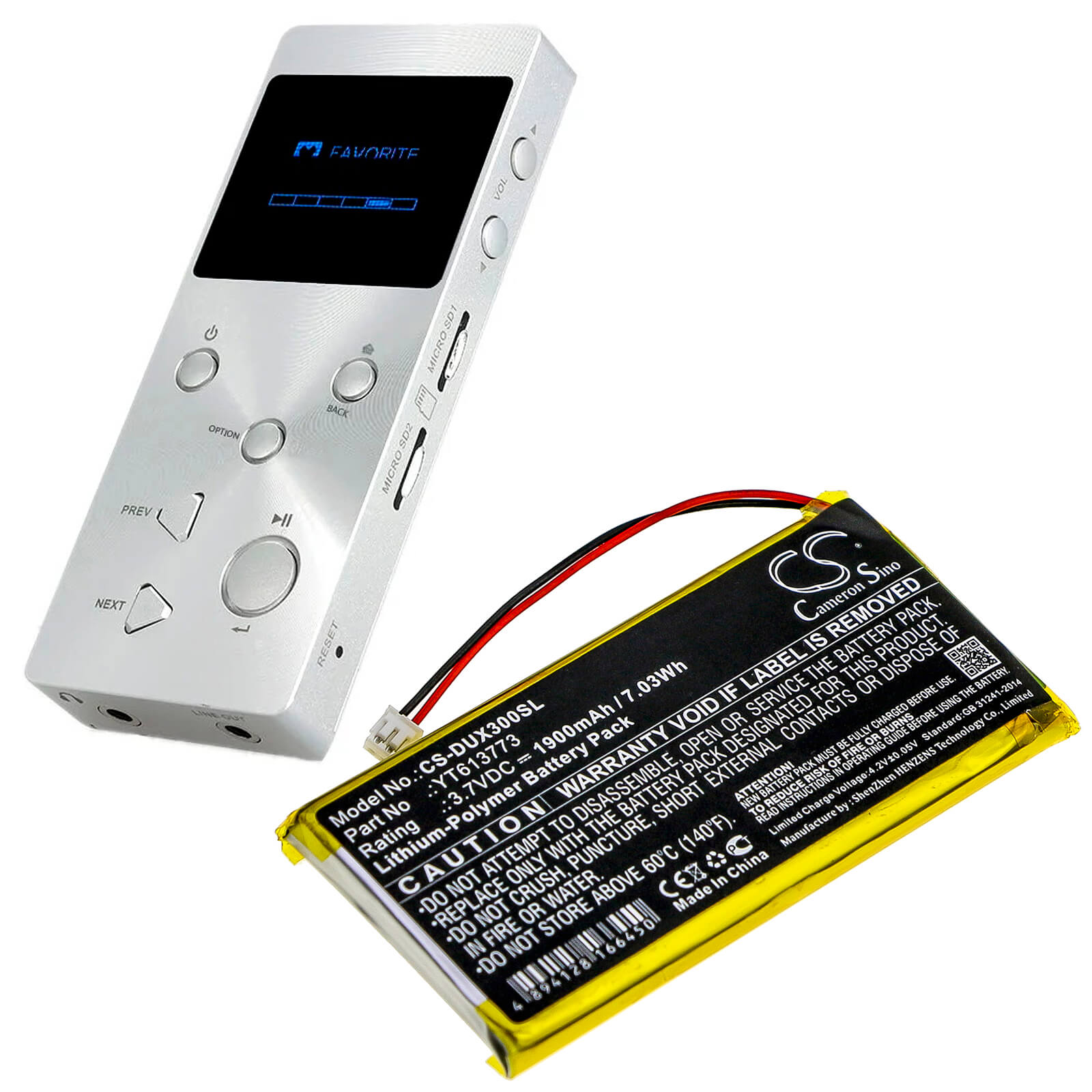 3.7V, 1900mAh, Li-Polymer Battery fits Xduoo, X3, 7.03Wh