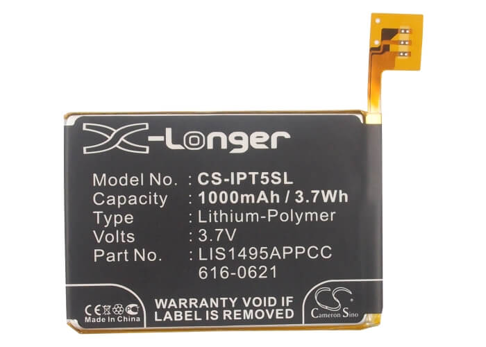 3.7V, 1000mAh, Li-Polymer Battery fits Apple, Ipod Touch 5, Ipod Touch 5th Generation, 3.7Wh