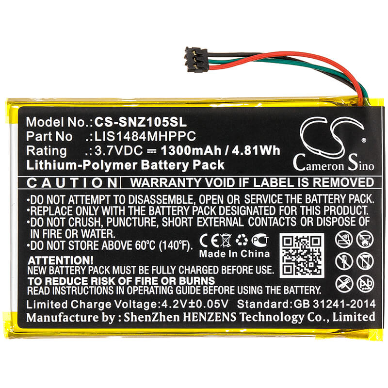 3.7V, 1300mAh, Li-Polymer Battery fits Sony, Nwz-z1050, Nwz-z1050n, 4.81Wh