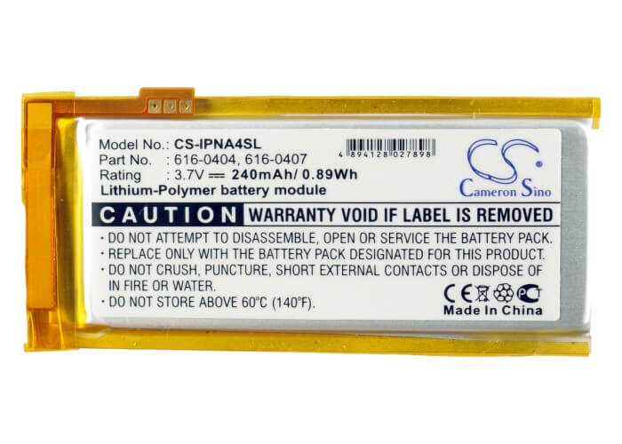 3.7V, 240mAh, Li-Polymer Battery fits Apple, Ipod Nano 4th 16gb, Ipod Nano 4th 4gb, 0.888Wh