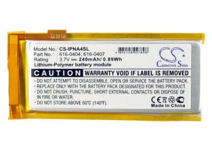 3.7V, 240mAh, Li-Polymer Battery fits Apple, Ipod Nano 4th 16gb, Ipod Nano 4th 4gb, 0.888Wh