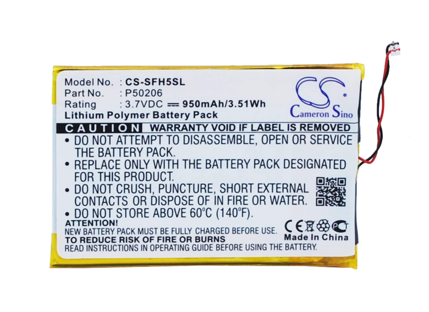 3.7V, 950mAh, Li-Polymer Battery fits Jnc, Ssf-h5, 3.515Wh