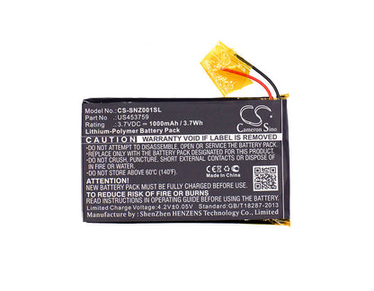 3.7V, 1000mAh, Li-Polymer Battery fits Sony, Nwz-zx1, Walkman Nwz-zx1, 3.7Wh