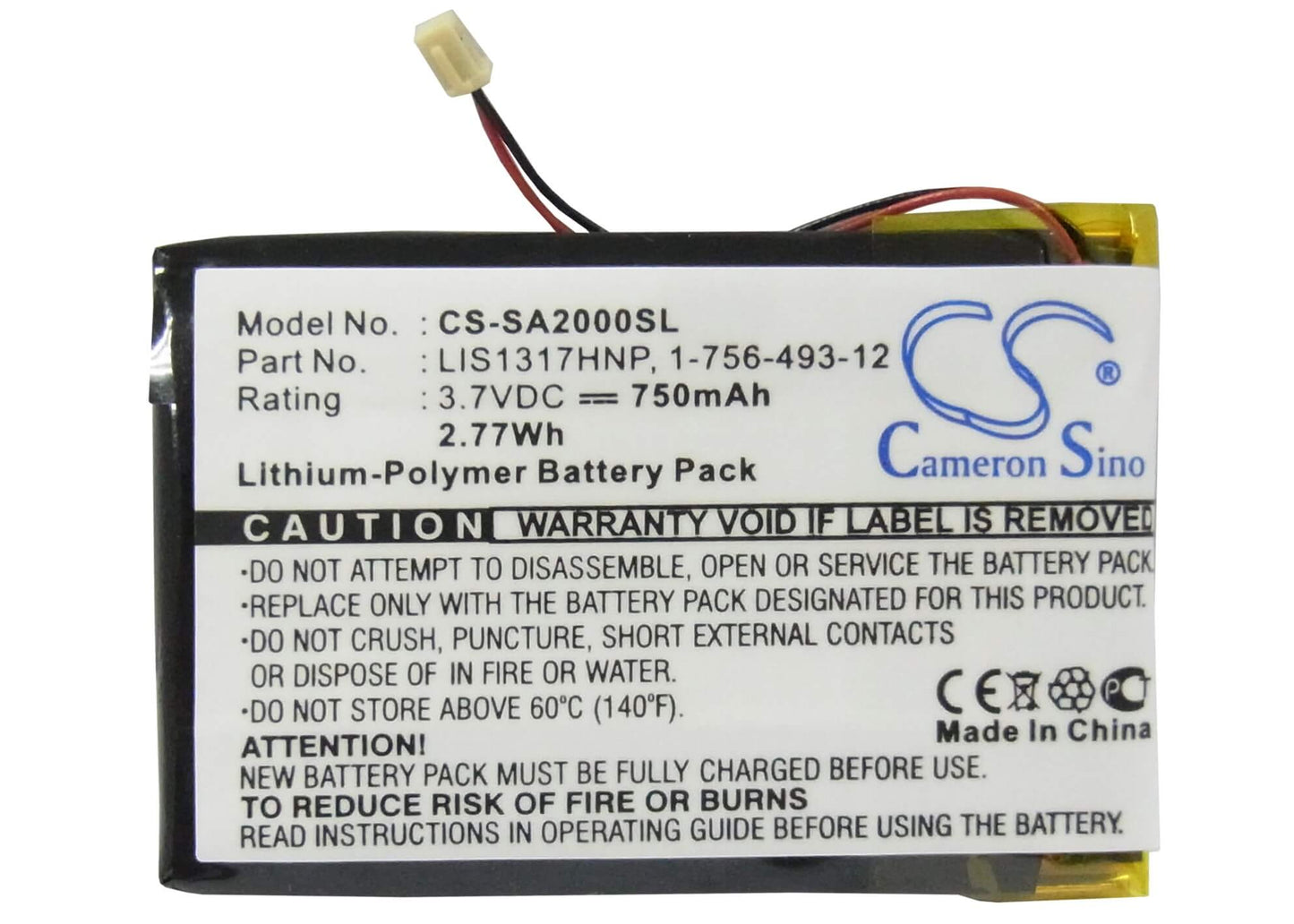 3.7V, 750mAh, Li-Polymer Battery fits Sony, Nw-a2000, Nw-hd3, 2.775Wh