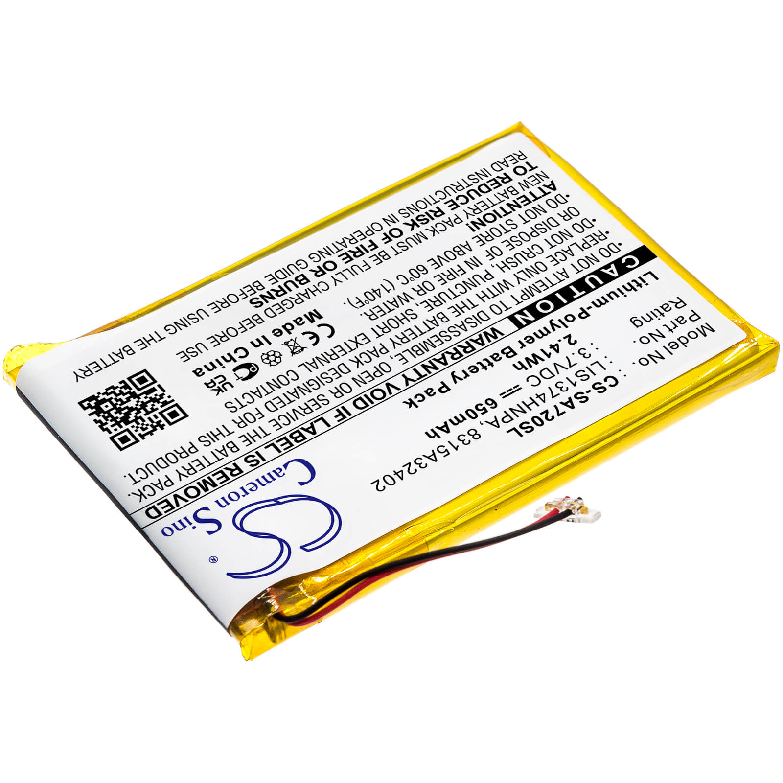 3.7V, 650mAh, Li-Polymer Battery fits Sony, Nwz-820, Nwz-a720, 2.405Wh