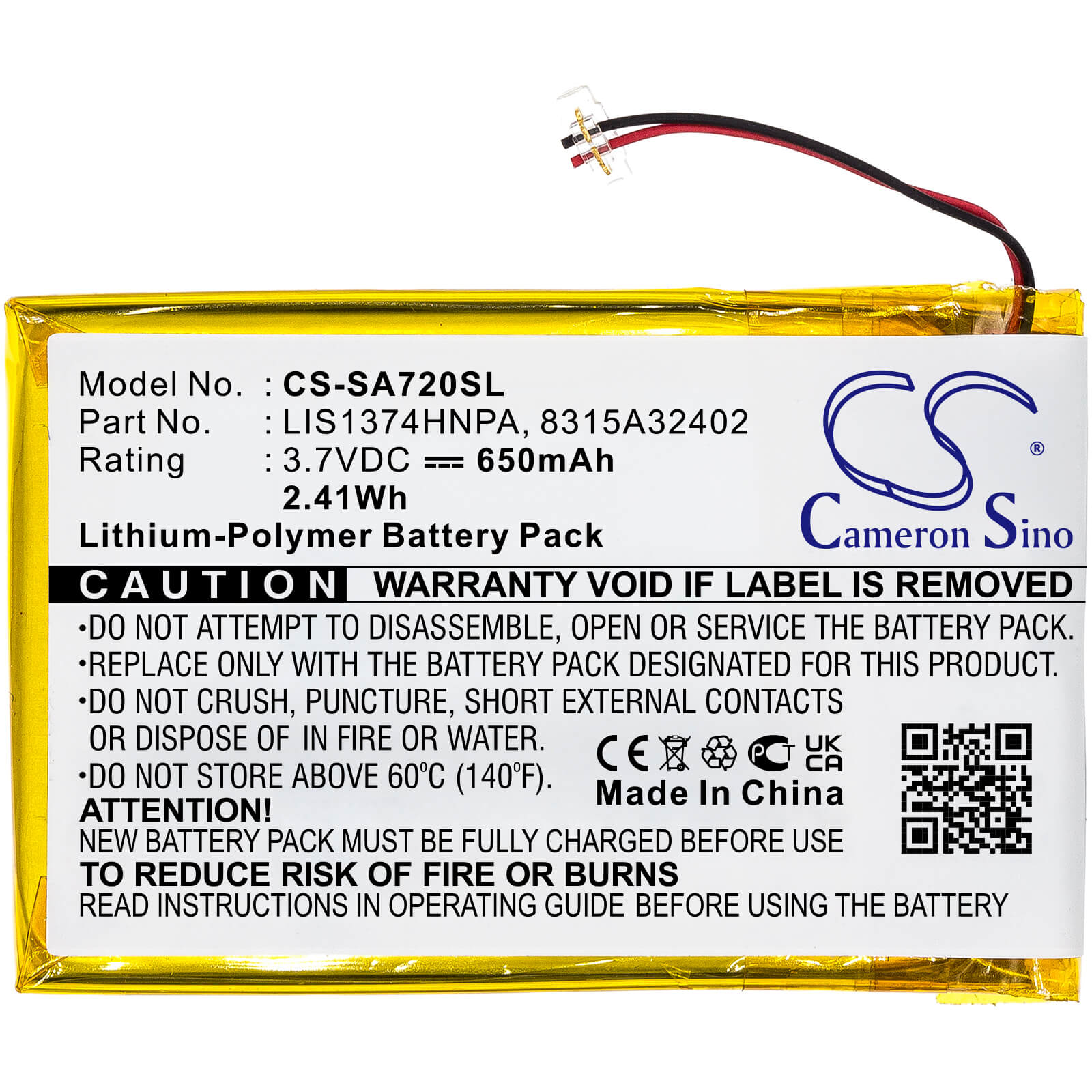 3.7V, 650mAh, Li-Polymer Battery fits Sony, Nwz-820, Nwz-a720, 2.405Wh