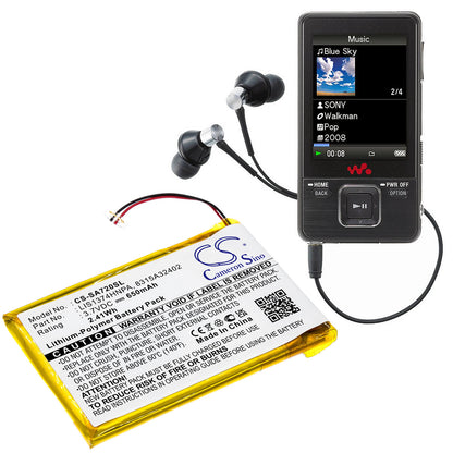 3.7V, 650mAh, Li-Polymer Battery fits Sony, Nwz-820, Nwz-a720, 2.405Wh