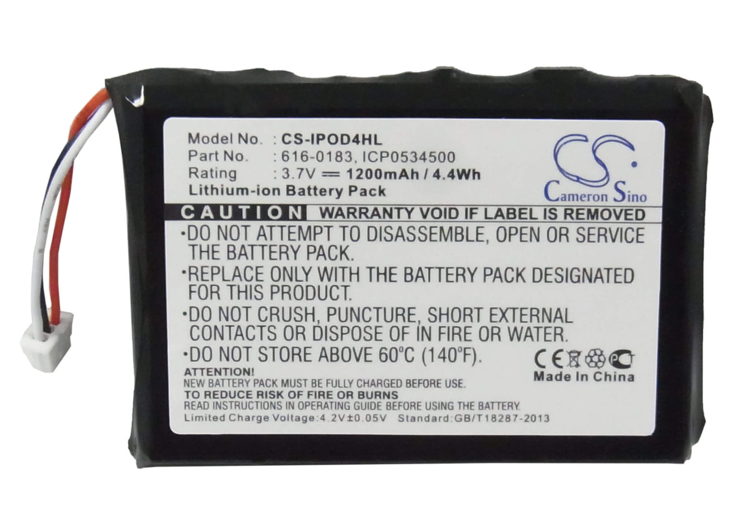 3.7V, 1200mAh, Li-ion Battery fits Apple, Ipod 4th Generatio, Ipod Photo, 4.44Wh