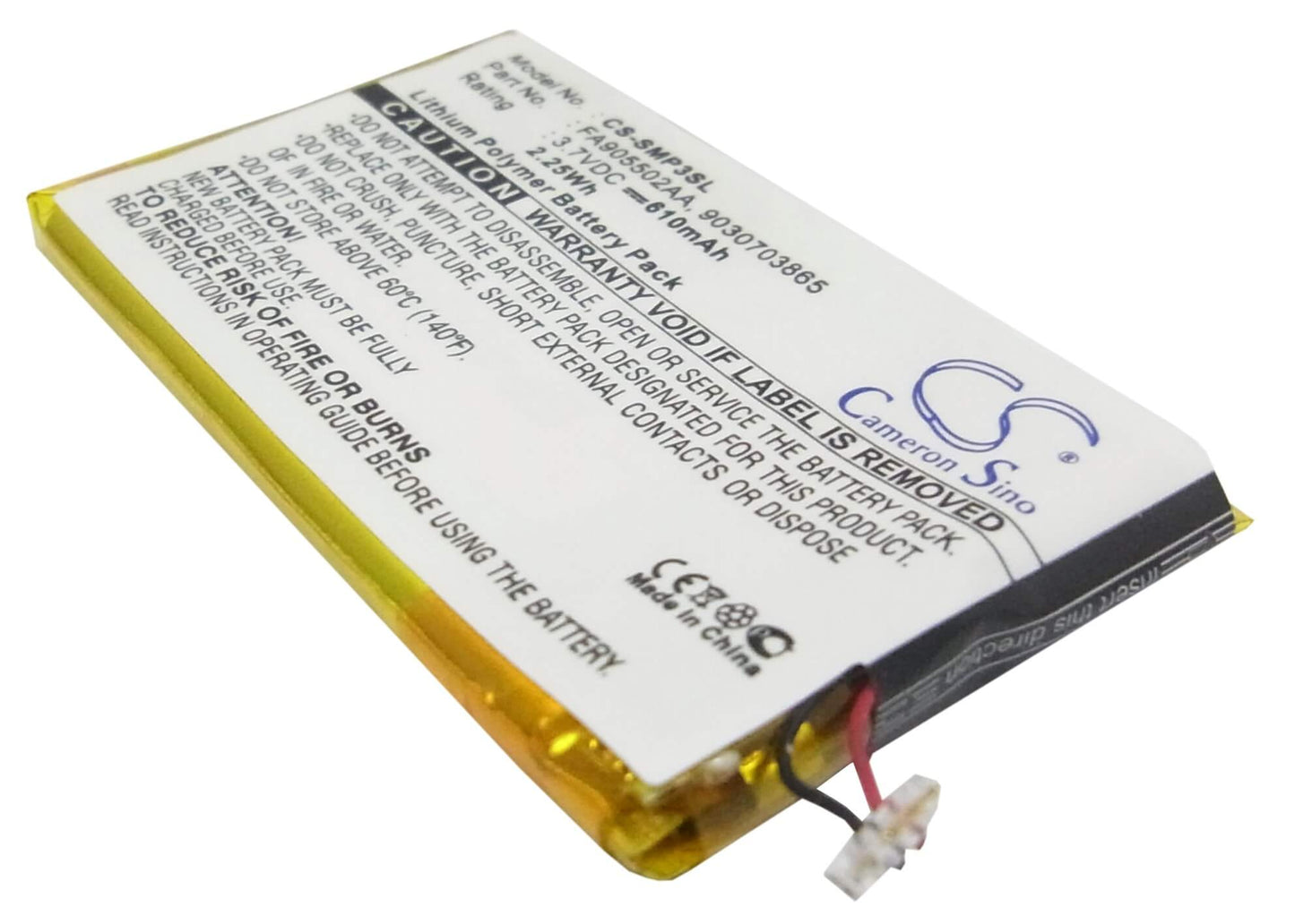 3.7V, 610mAh, Li-Polymer Battery fits Samsung, Yp-p3, Yp-p3cb/xsh, 2.257Wh