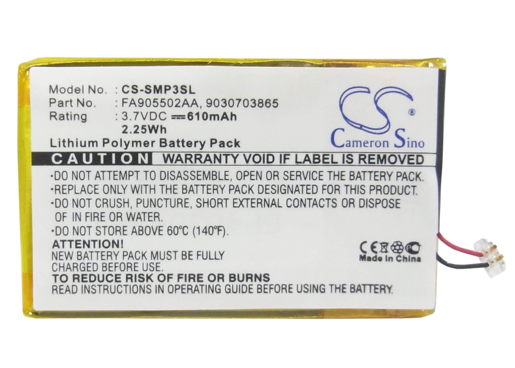 3.7V, 610mAh, Li-Polymer Battery fits Samsung, Yp-p3, Yp-p3cb/xsh, 2.257Wh