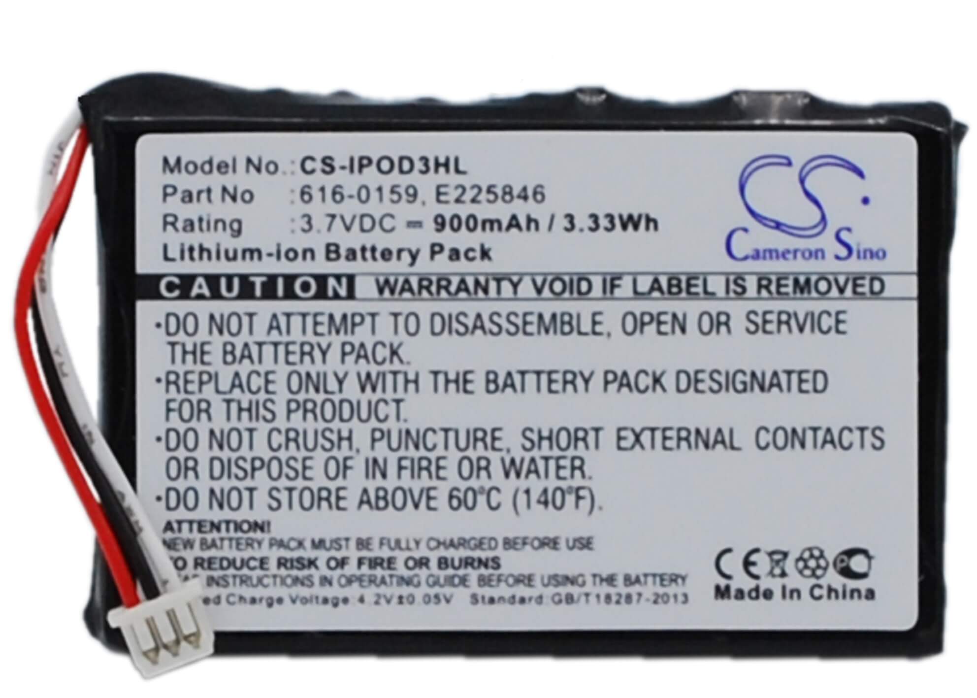 3.7V, 900mAh, Li-ion Battery fits Apple, Ipod 10gb M8976ll/a, Ipod 15gb M9460ll/a, 3.33Wh