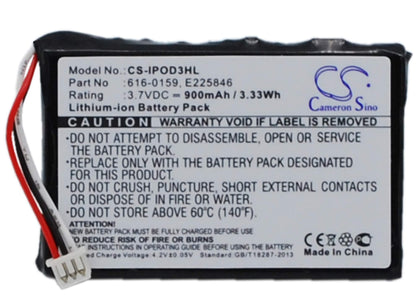 3.7V, 900mAh, Li-ion Battery fits Apple, Ipod 10gb M8976ll/a, Ipod 15gb M9460ll/a, 3.33Wh