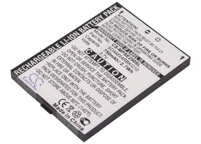 3.7V, 750mAh, Li-ion Battery fits Sandisk, Sansa E200, Sansa E250, 2.775Wh