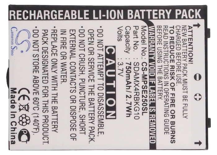 3.7V, 750mAh, Li-ion Battery fits Sandisk, Sansa E200, Sansa E250, 2.775Wh