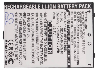 3.7V, 750mAh, Li-ion Battery fits Sandisk, Sansa E200, Sansa E250, 2.775Wh