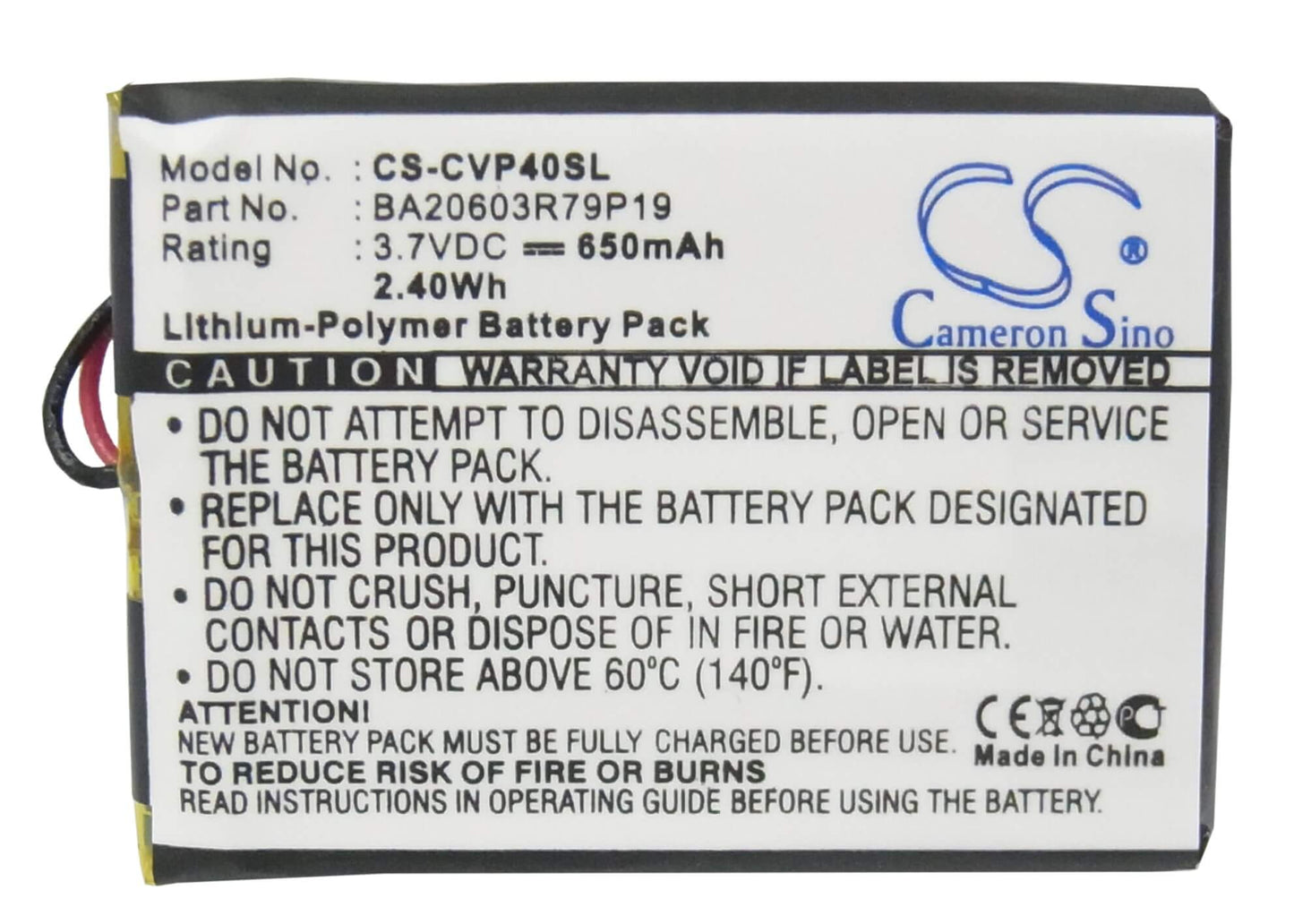 3.7V, 650mAh, Li-Polymer Battery fits Creative, Dap-fl0040, V, 2.405Wh