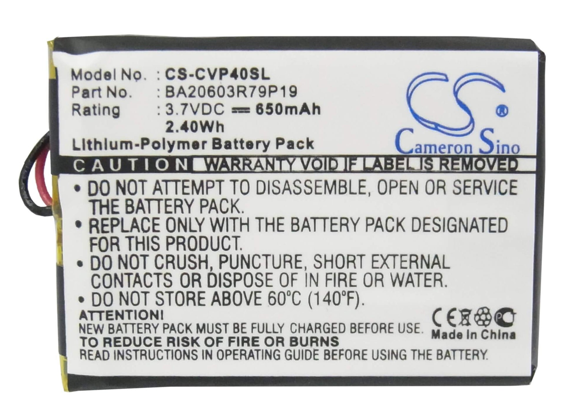 3.7V, 650mAh, Li-Polymer Battery fits Creative, Dap-fl0040, V, 2.405Wh