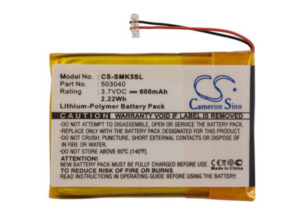 3.7V, 600mAh, Li-Polymer Battery fits Samsung, Yp-k5, Yp-k5j, 2.22Wh