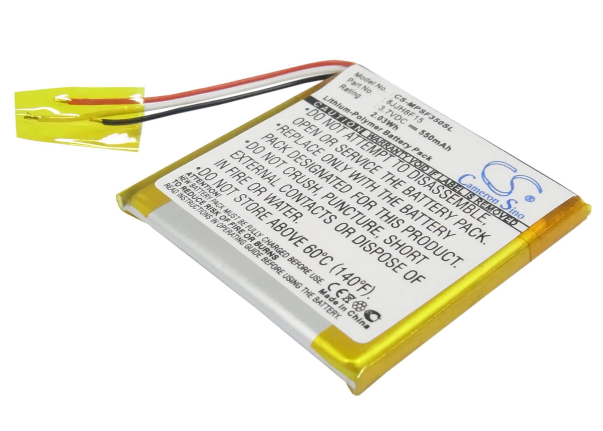 3.7V, 550mAh, Li-Polymer Battery fits Sandisk, Sansa Fuze 4gb, Sansa Fuze 8gb, 2.035Wh