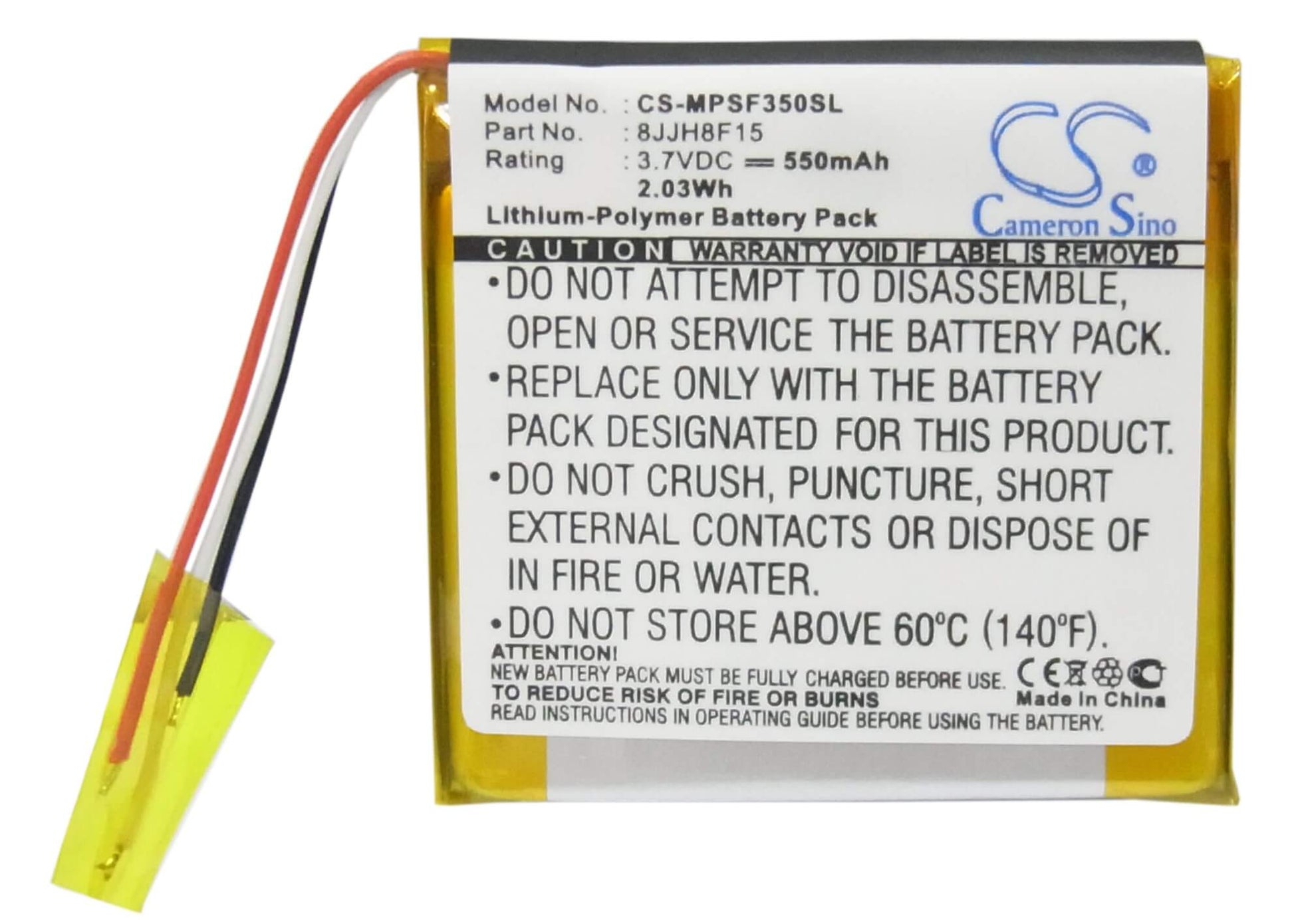 3.7V, 550mAh, Li-Polymer Battery fits Sandisk, Sansa Fuze 4gb, Sansa Fuze 8gb, 2.035Wh
