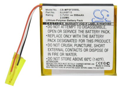 3.7V, 550mAh, Li-Polymer Battery fits Sandisk, Sansa Fuze 4gb, Sansa Fuze 8gb, 2.035Wh