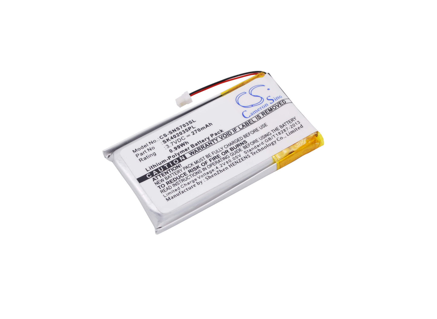 3.7V, 270mAh, Li-Polymer Battery fits Sony, Nw-s603f, Nw-s703f, 0.999Wh