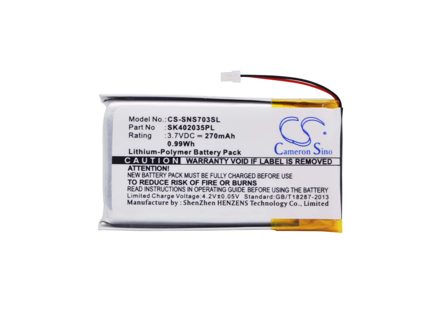 3.7V, 270mAh, Li-Polymer Battery fits Sony, Nw-s603f, Nw-s703f, 0.999Wh