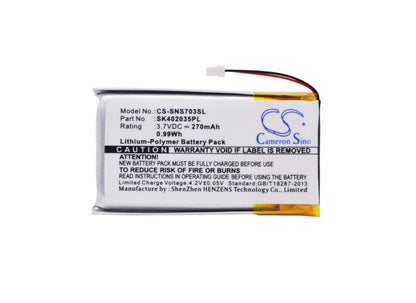 3.7V, 270mAh, Li-Polymer Battery fits Sony, Nw-s603f, Nw-s703f, 0.999Wh