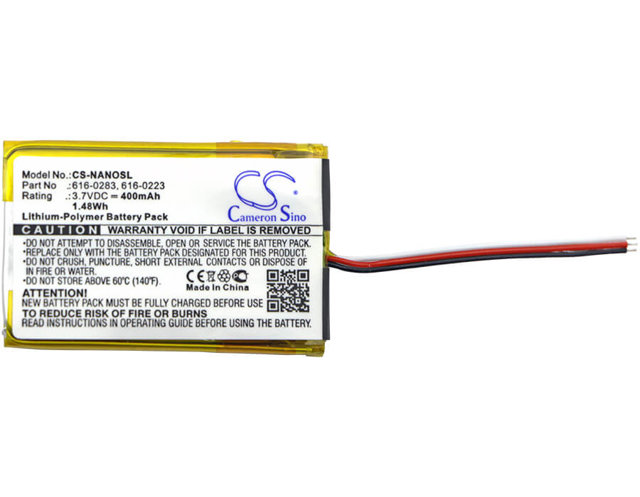 3.7V, 400mAh, Li-Polymer Battery fits Apple, Ipod Nano 2gb, Ipod Nano 4gb, 1.48Wh