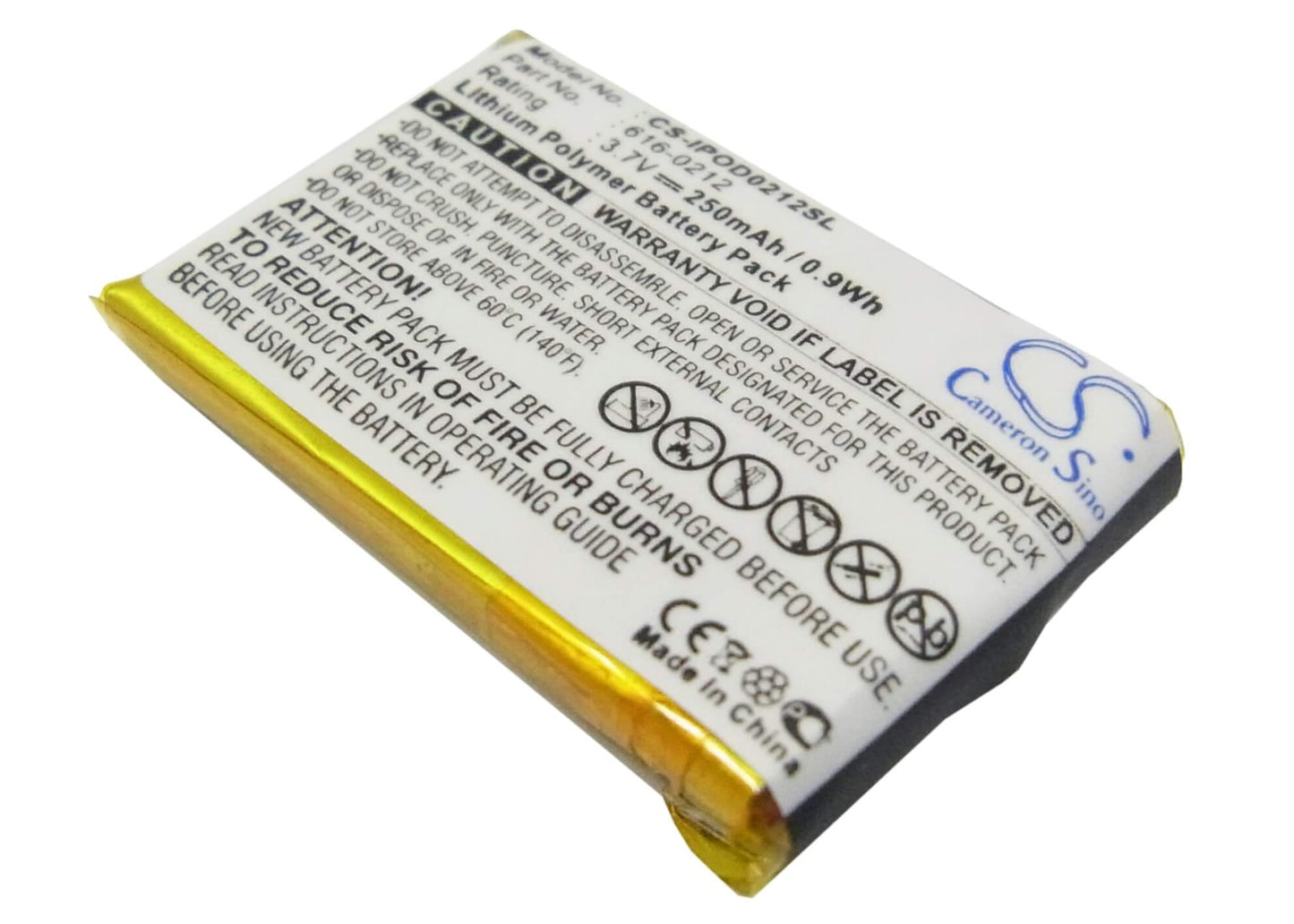 3.7V, 250mAh, Li-Polymer Battery fits Apple, Ipod Shuffle, Ipod Shuffle Mb226ll/a, 0.925Wh