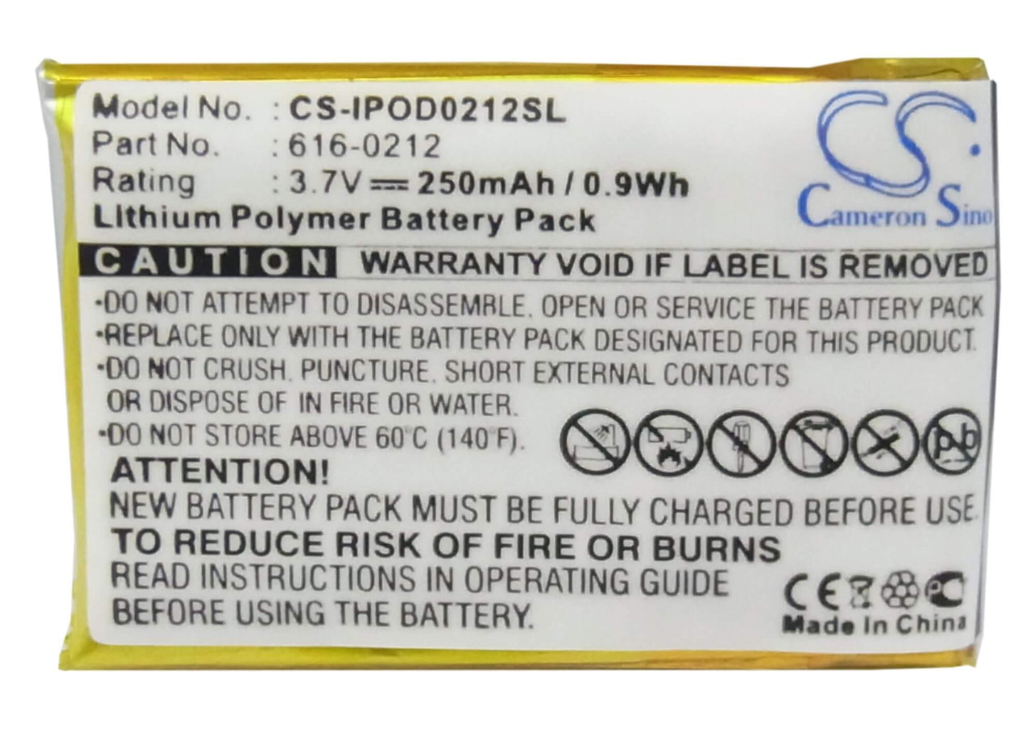 3.7V, 250mAh, Li-Polymer Battery fits Apple, Ipod Shuffle, Ipod Shuffle Mb226ll/a, 0.925Wh