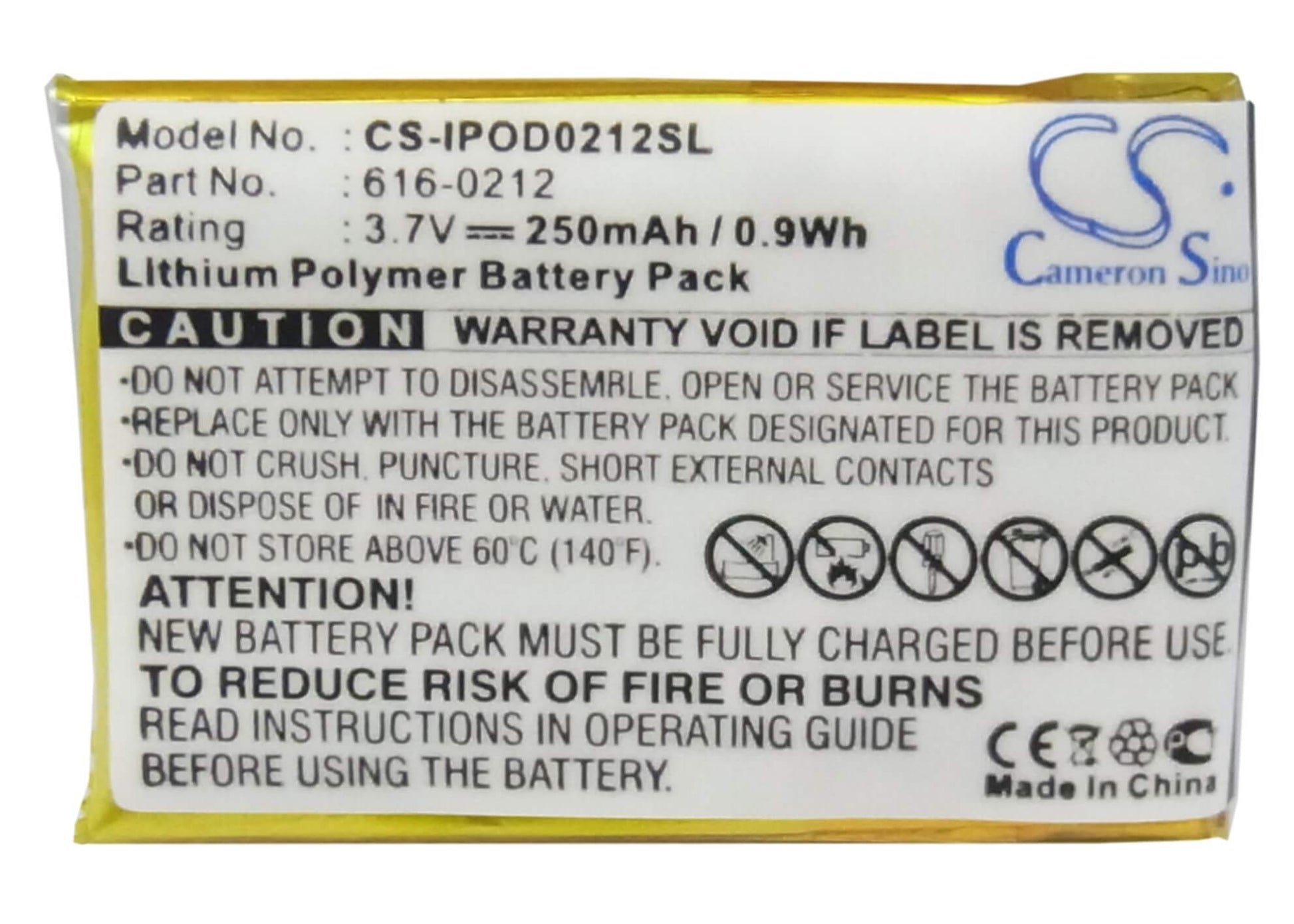 3.7V, 250mAh, Li-Polymer Battery fits Apple, Ipod Shuffle, Ipod Shuffle Mb226ll/a, 0.925Wh