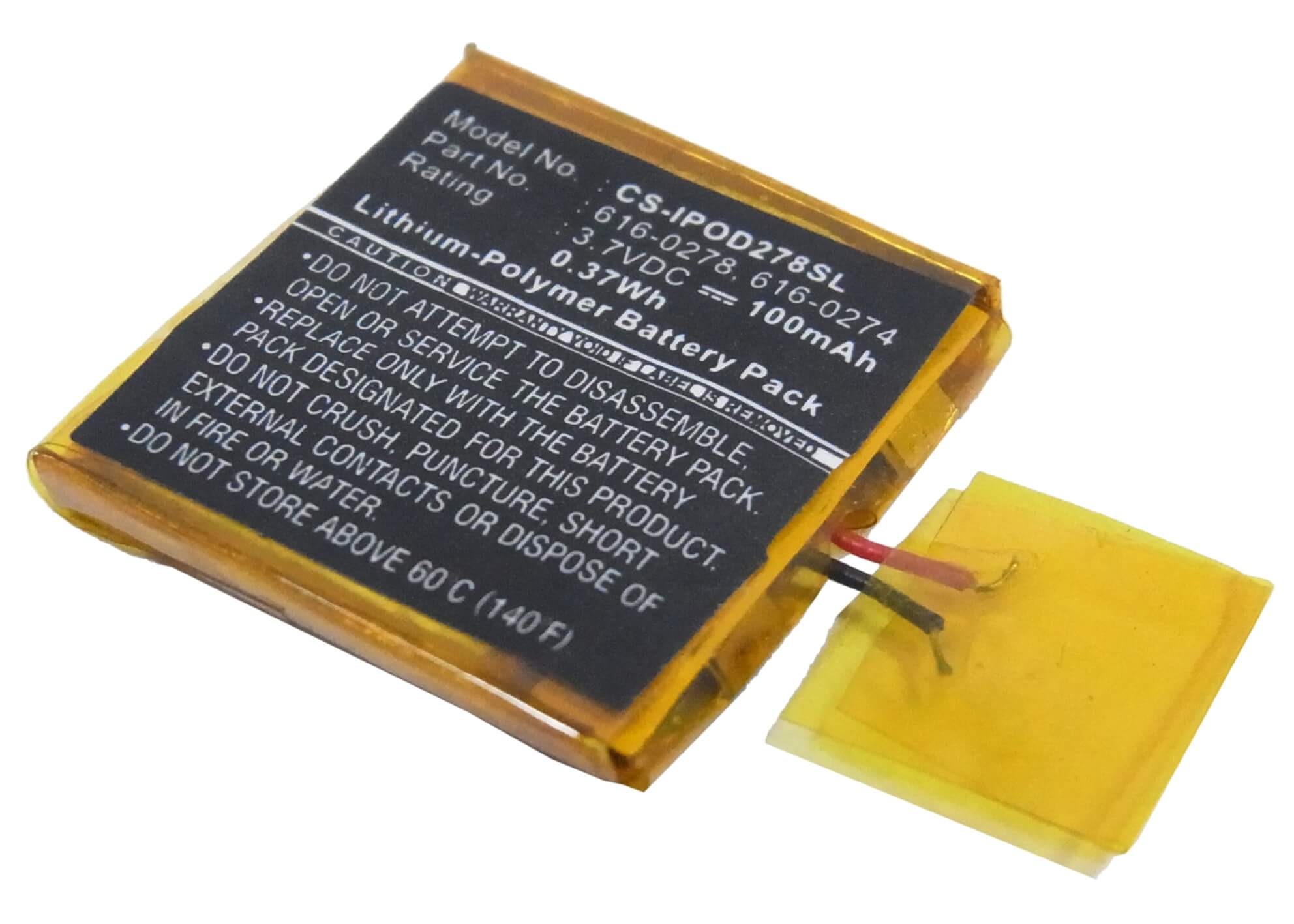 3.7V, 100mAh, Li-Polymer Battery fits Apple, Ipod Shuffle G2 1gb, Ipod Shuffle G3, 0.37Wh