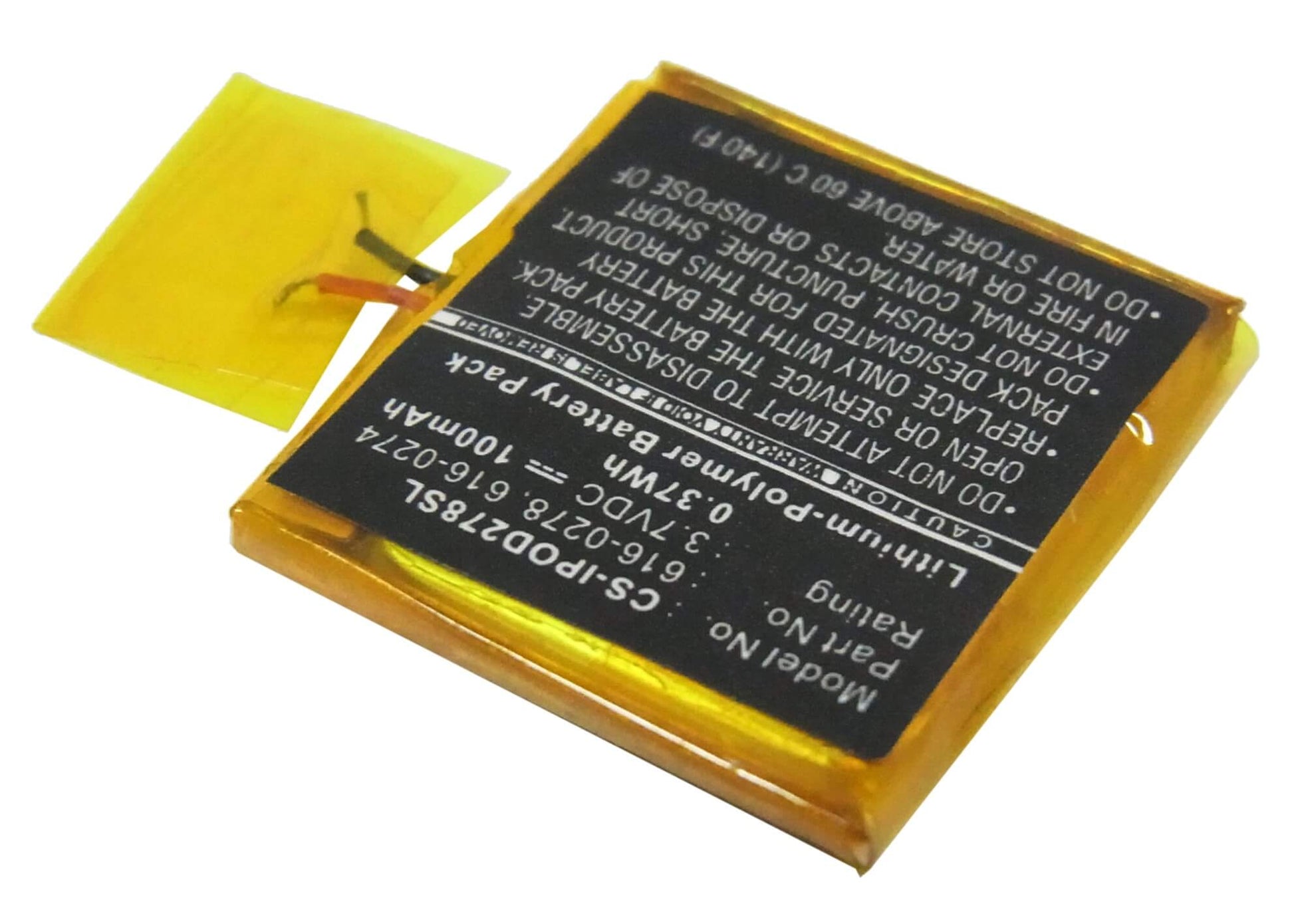 3.7V, 100mAh, Li-Polymer Battery fits Apple, Ipod Shuffle G2 1gb, Ipod Shuffle G3, 0.37Wh