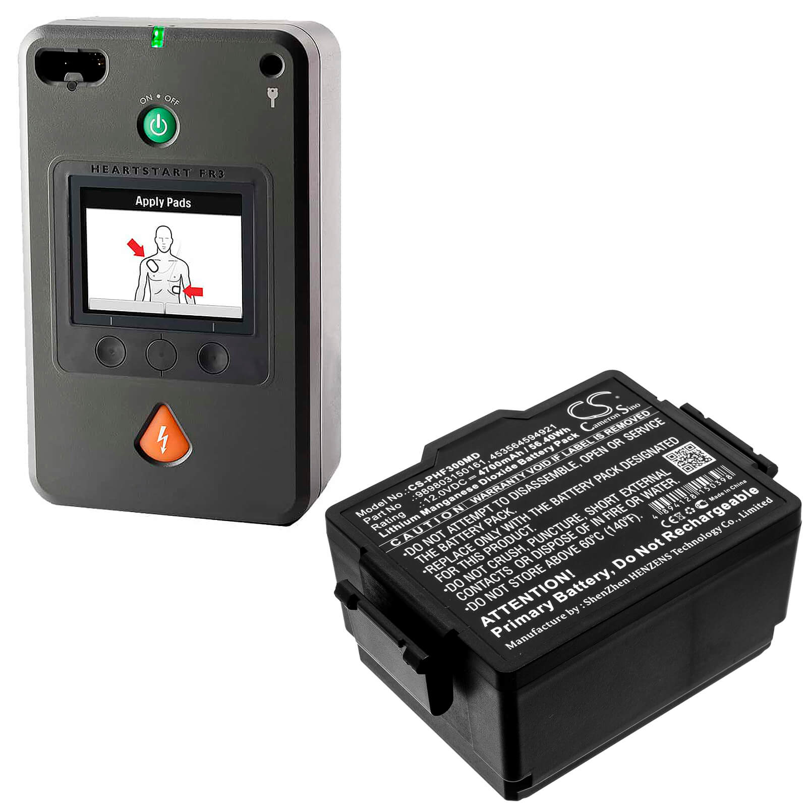 12.0V, 4700mAh, Li-MnO2 Battery fits Philips, Dsa Heartstart Fr3, Heartstart Fr3 Aed, 56.4Wh