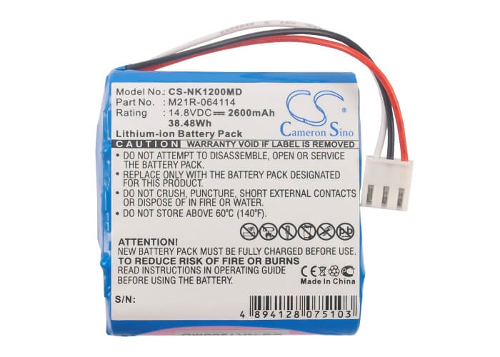 14.8V, 2600mAh, Li-ion Battery fits Nihon Kohden, Edan Se-1, Edan Se-100, 38.48Wh