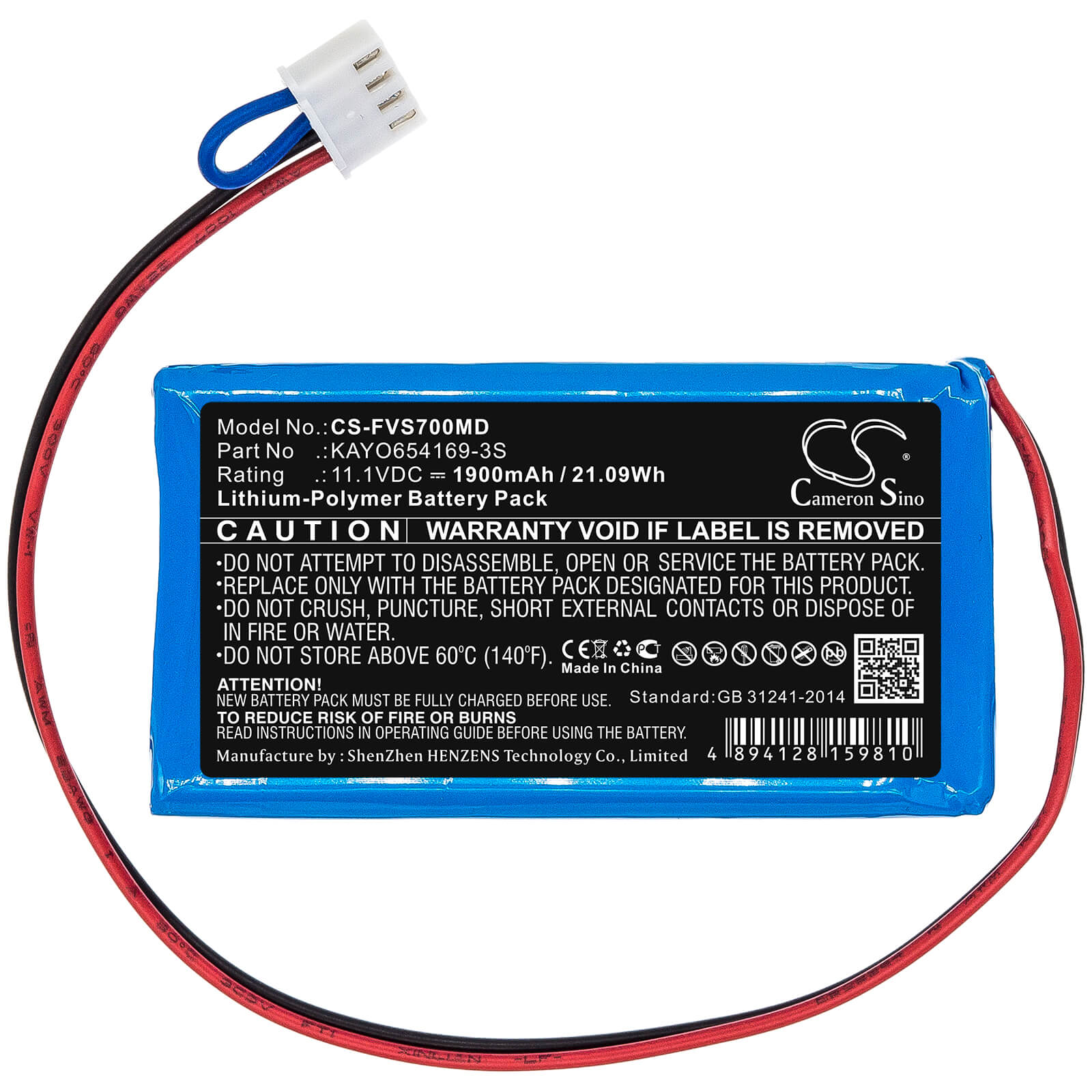 11.1V, 1900mAh, Li-Polymer Battery fits Fresenius, Sp7, Sp7 Syringe Pumps, 21.09Wh