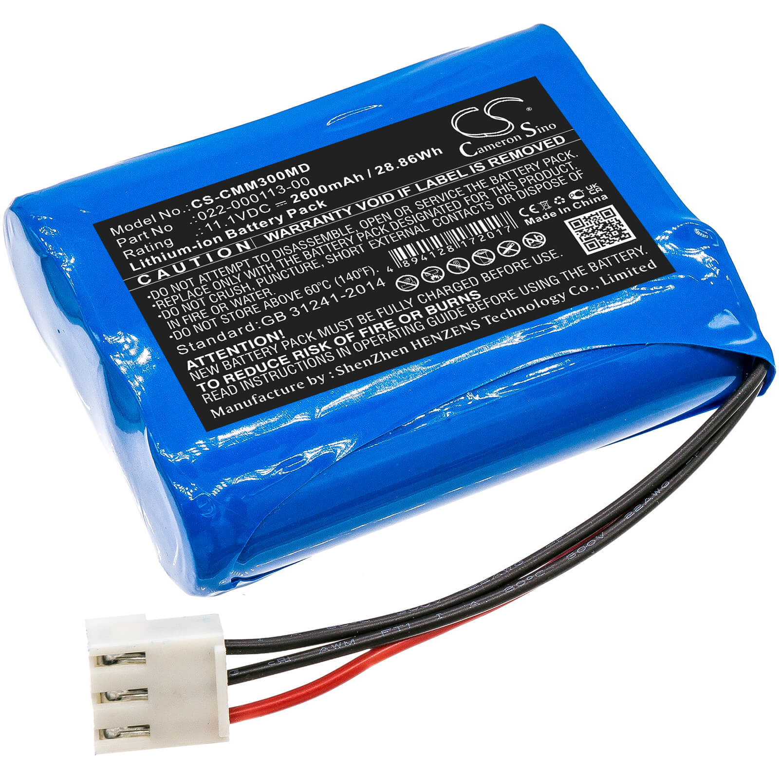 11.1V, 2600mAh, Li-ion Battery fits Comen, Cm300, 28.86Wh